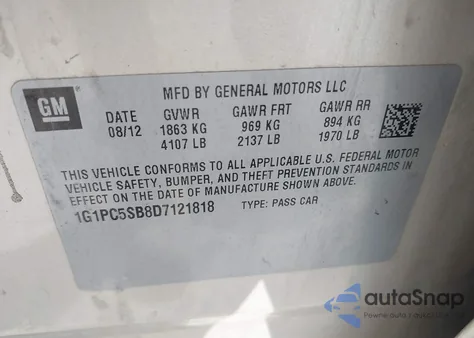 2013 Chevrolet Cruze 1Lt Auto from USA, damaged, VIN 1G1PC5SB8D7121818